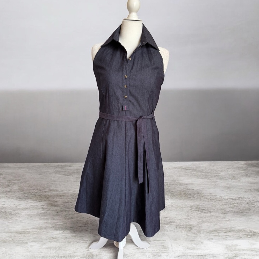 Isaac Mizrahi Collared Midi, Halter Dress in Indigo, Stretch, Lightweight Denim